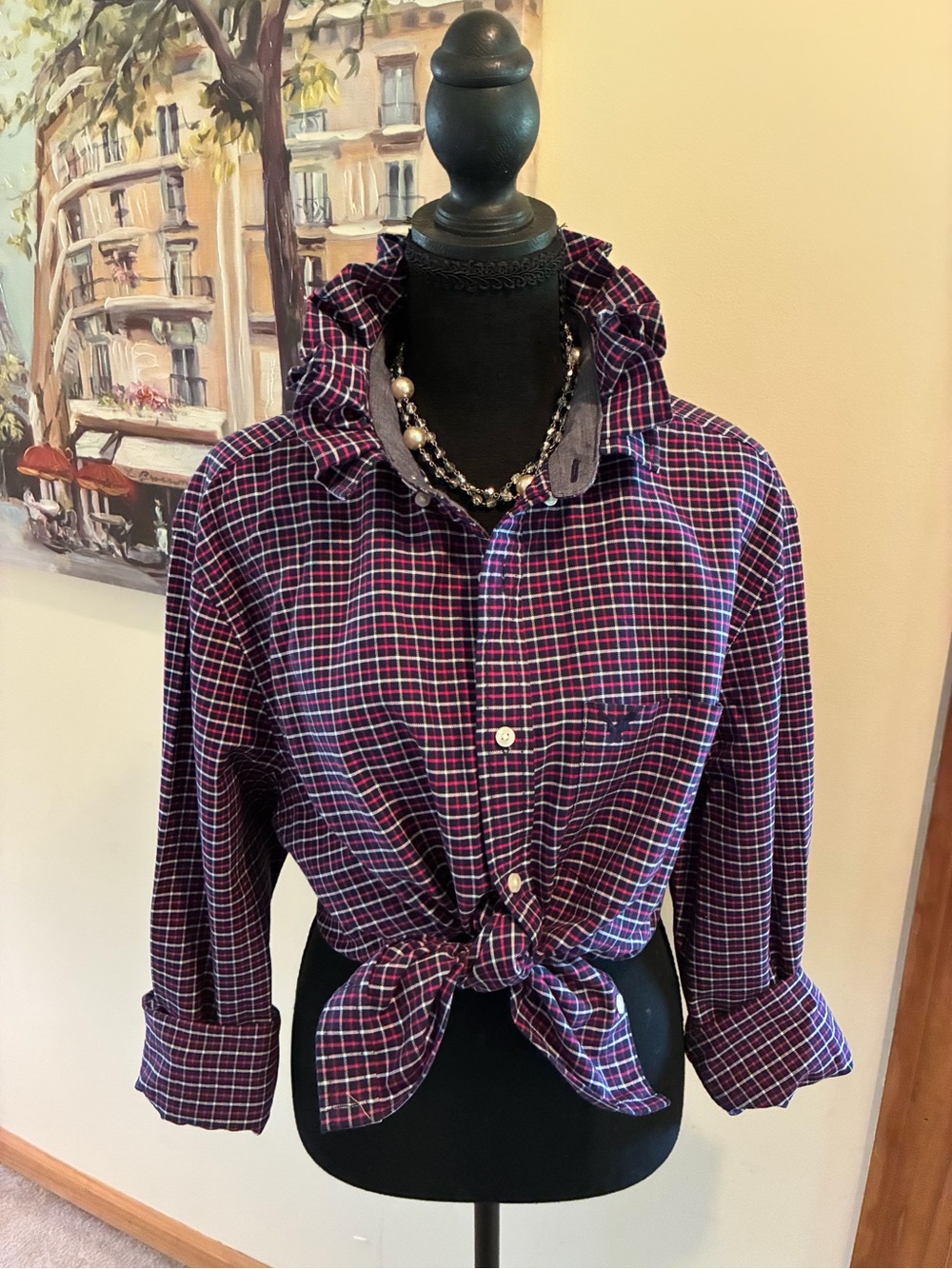 American Eagle Outfitters Purple Plaid Button-Down Tie-Front Shirt